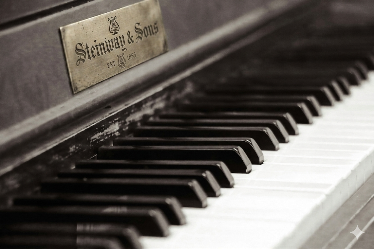 Steinway & Sons upright piano, brass nameplate above worn keys